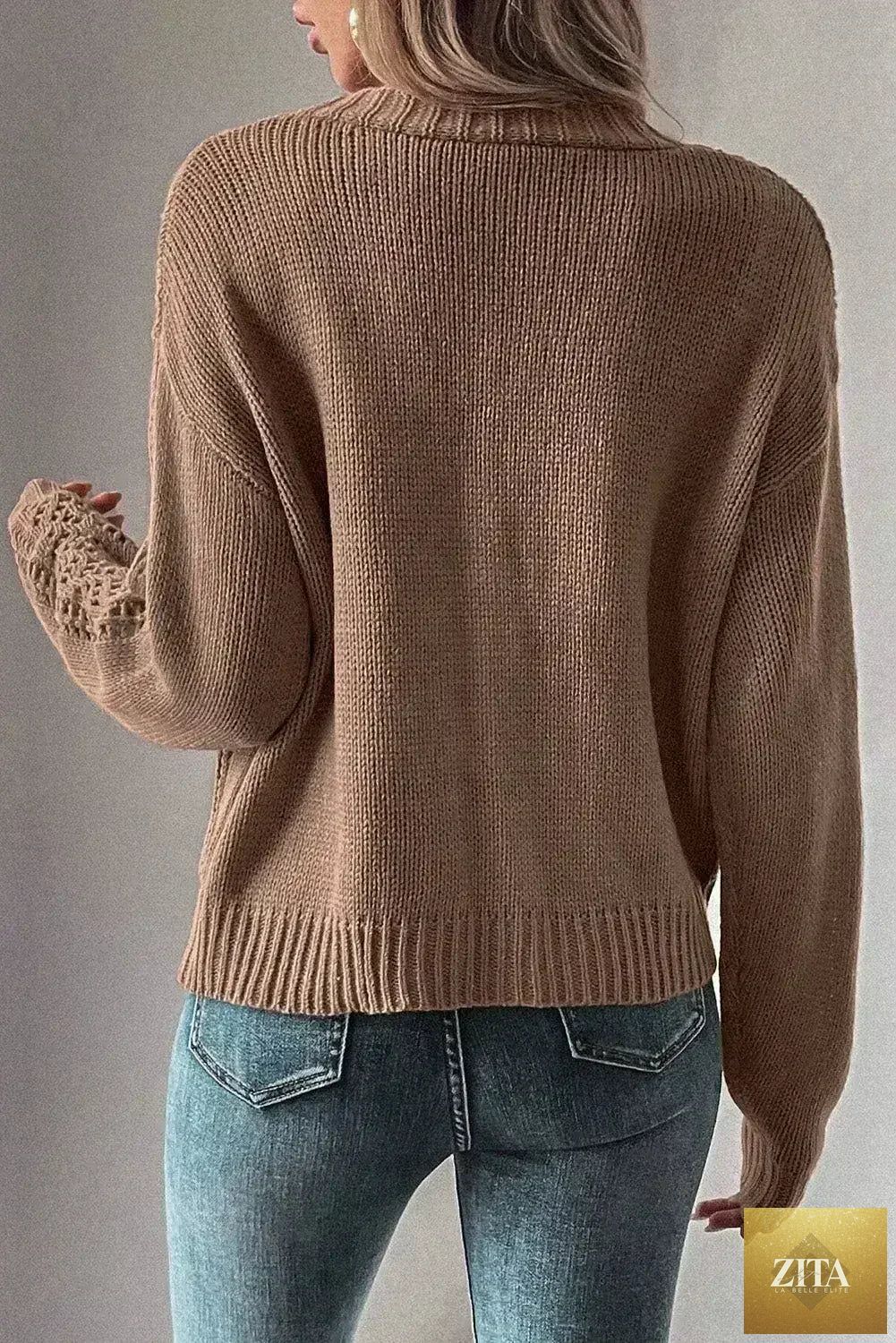Dark khaki open-knit cardigan sweater by Femstylo featuring a drop shoulder design and a cotton-acrylic blend fabric.