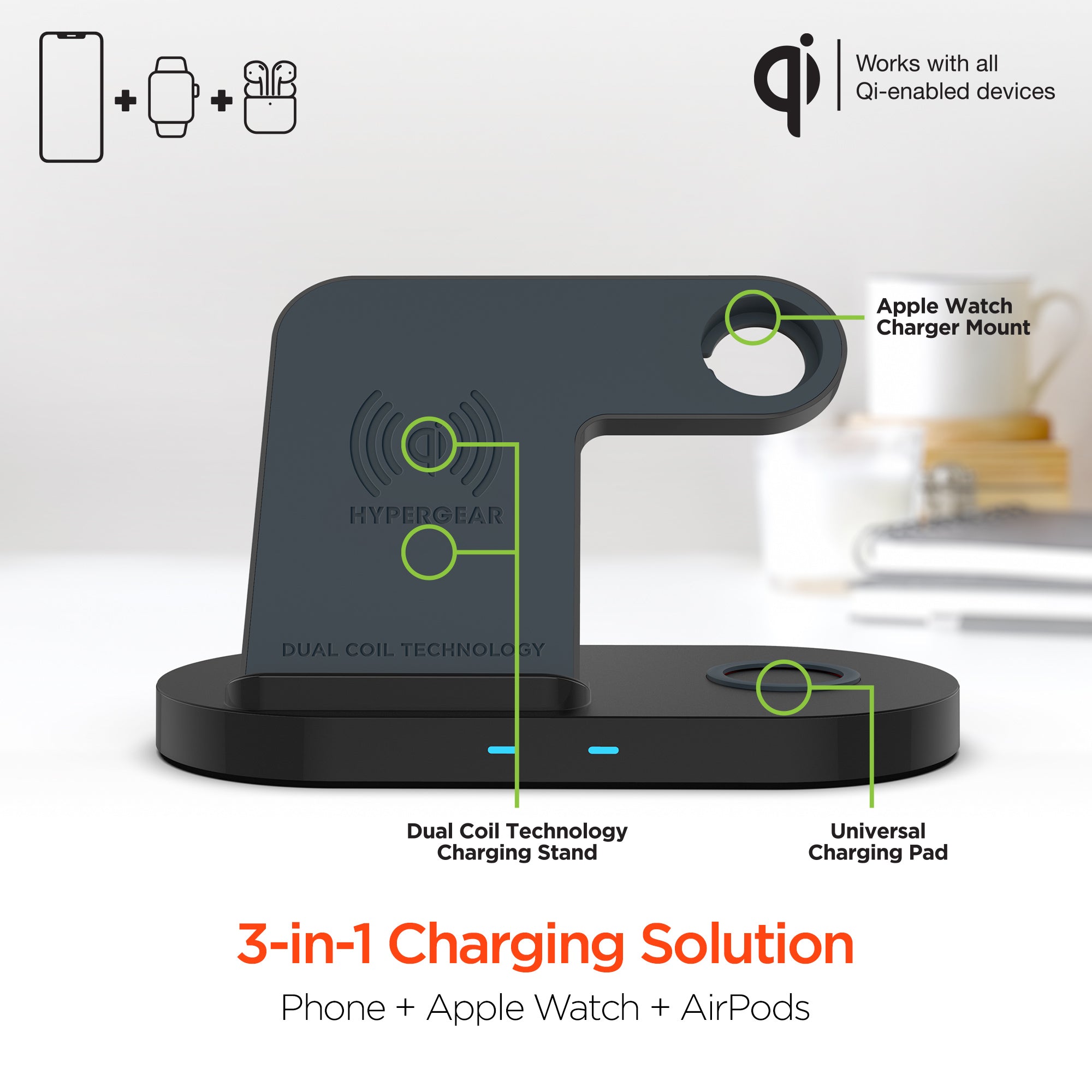 Hypergear 3-in-1 Wireless Charging Dock Black (15328-HYP)