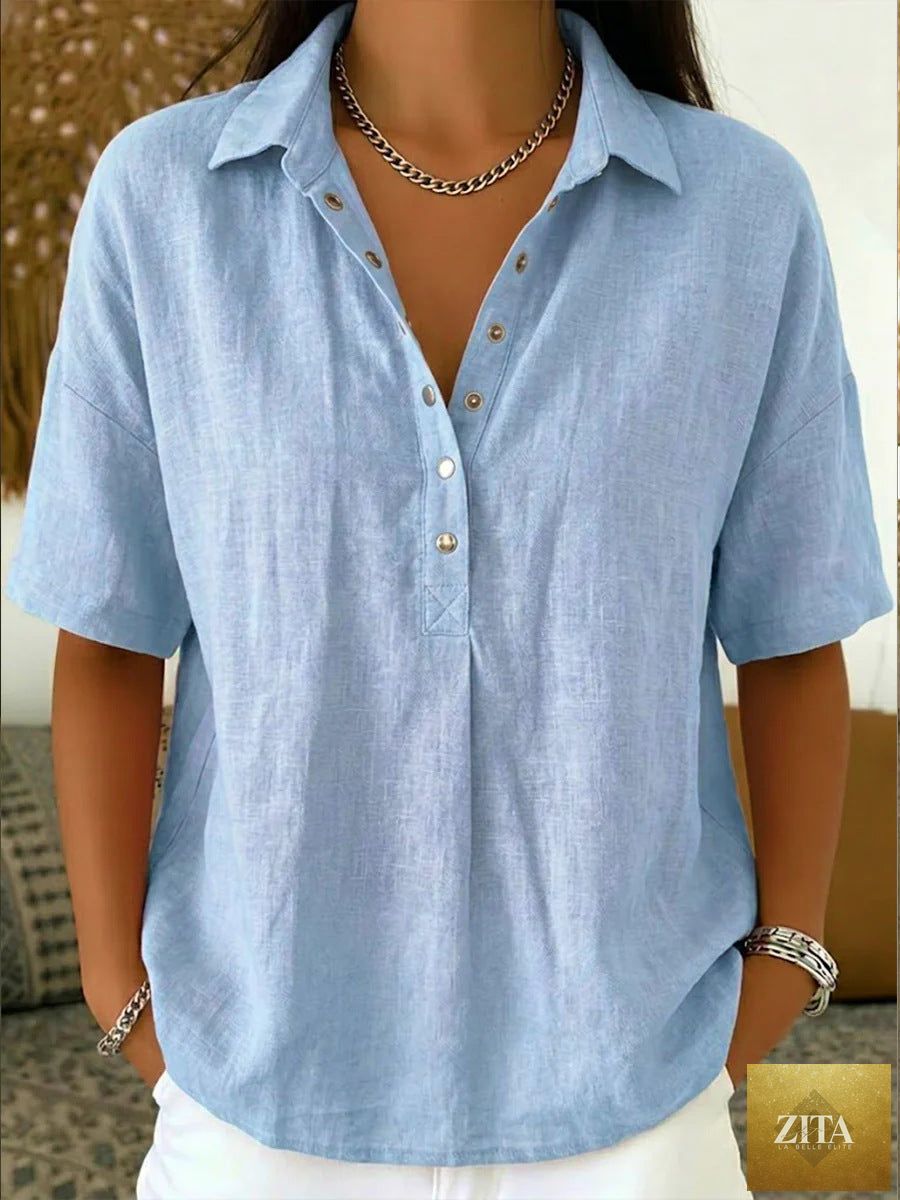 Solid color women's short sleeve button pullover shirt from Zita La Belle Elite, casual top with a classic collar and front buttons.