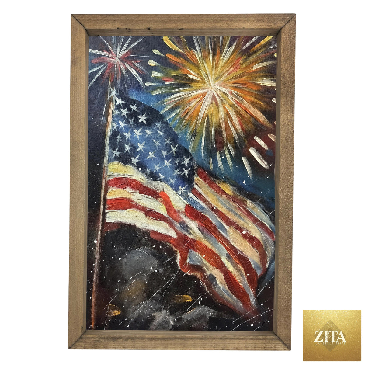 Framed art featuring a flag with colorful fireworks, created by 12timbers, displayed in a stylish frame.