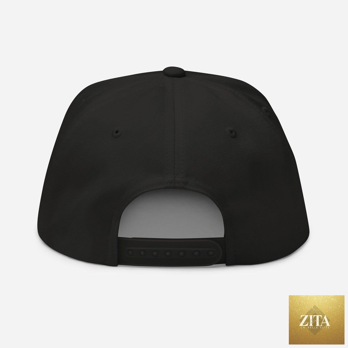 Black Freedom Maltese flat bill hat by Zita La Belle Elite with a structured crown and flat brim, shown from the back.