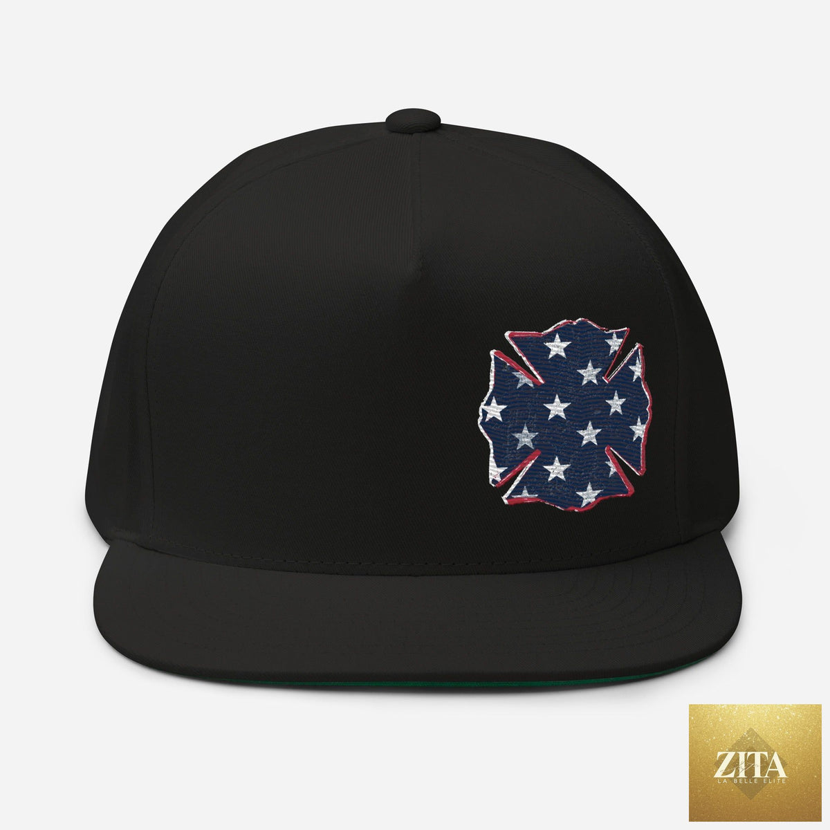 Black Freedom Maltese flat bill hat by Zita La Belle Elite, featuring a structured front and classic flat brim design.