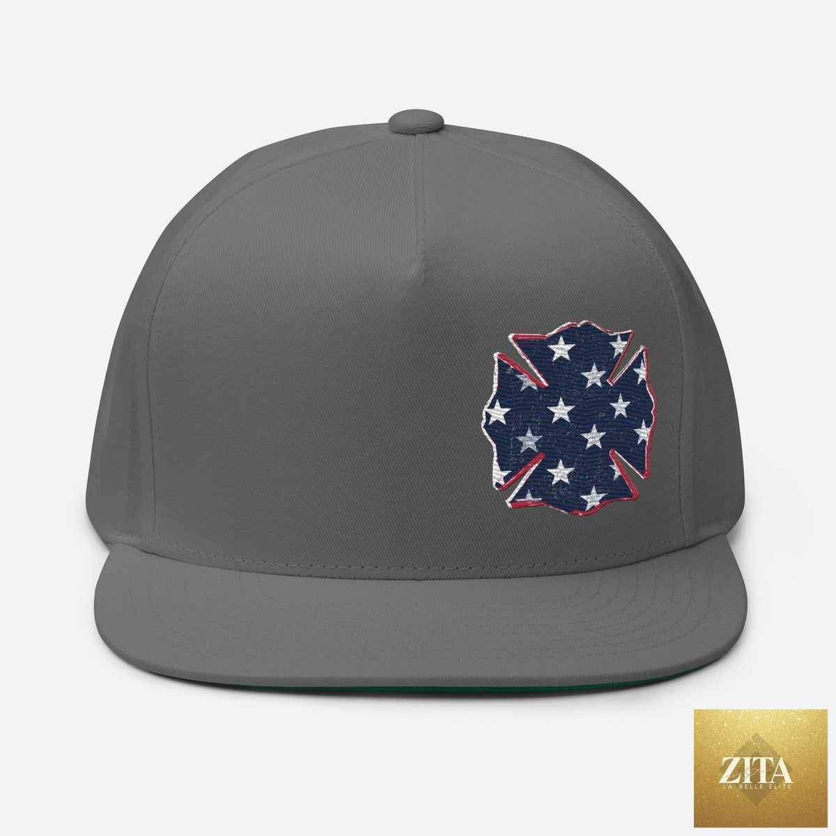 Gray Freedom Maltese flat bill hat by Zita La Belle Elite, featuring a structured front and classic design.