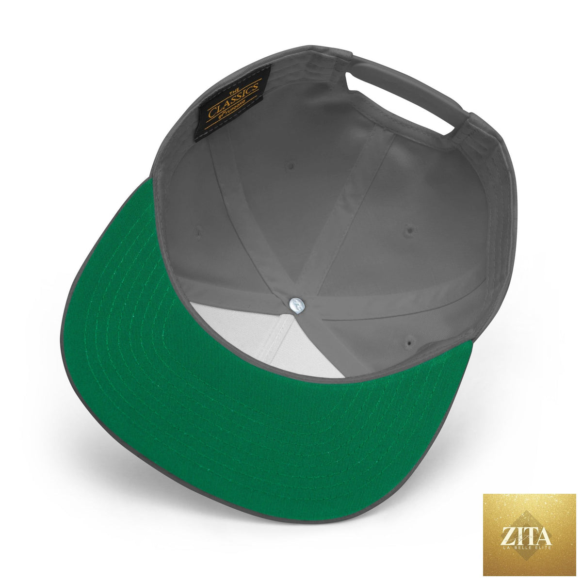 Grey Freedom Maltese flat bill hat by Zita La Belle Elite, showing front view with structured crown and curved brim.
