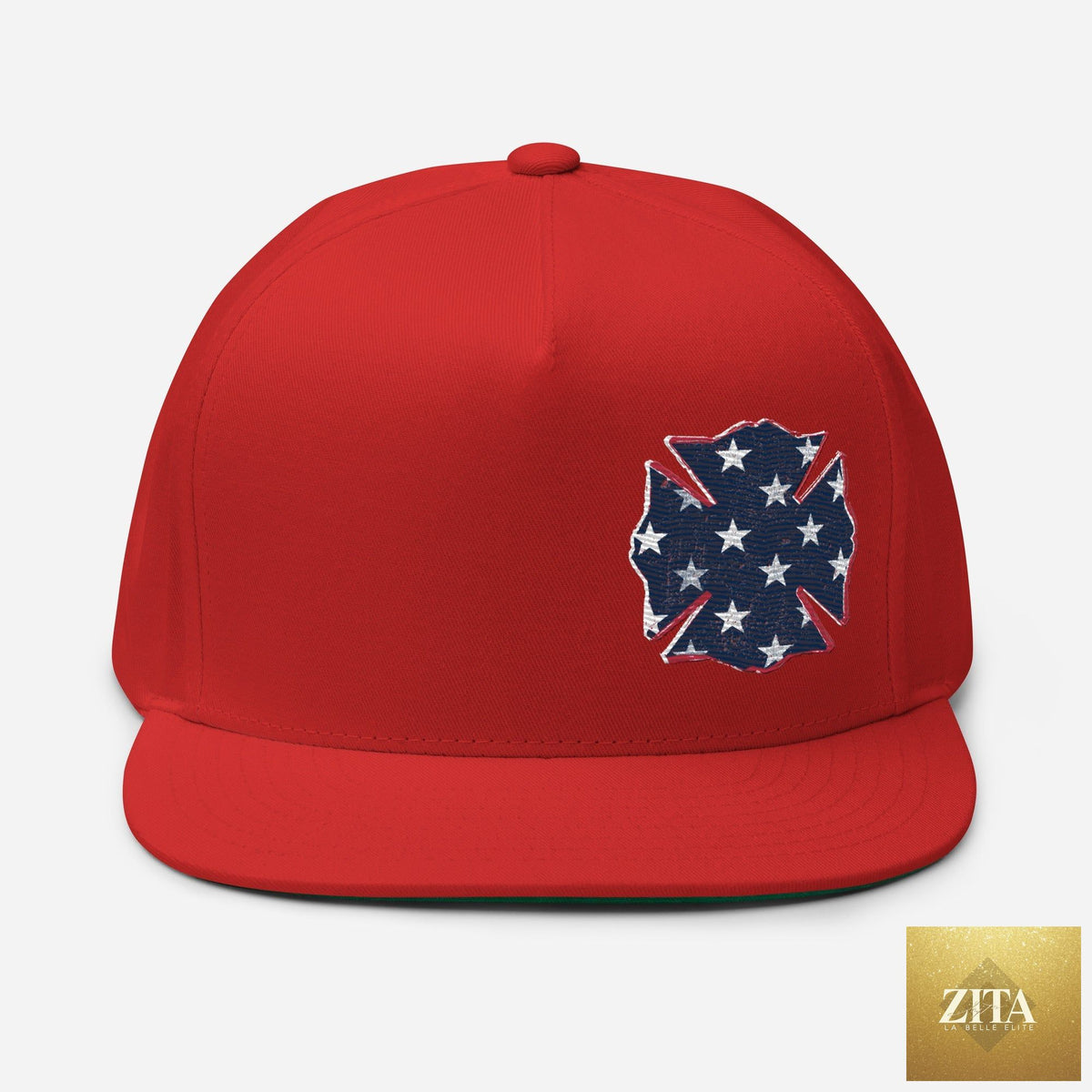 Red Freedom Maltese flat bill hat by Zita La Belle Elite, showcasing a stylish flat brim and classic cap design.