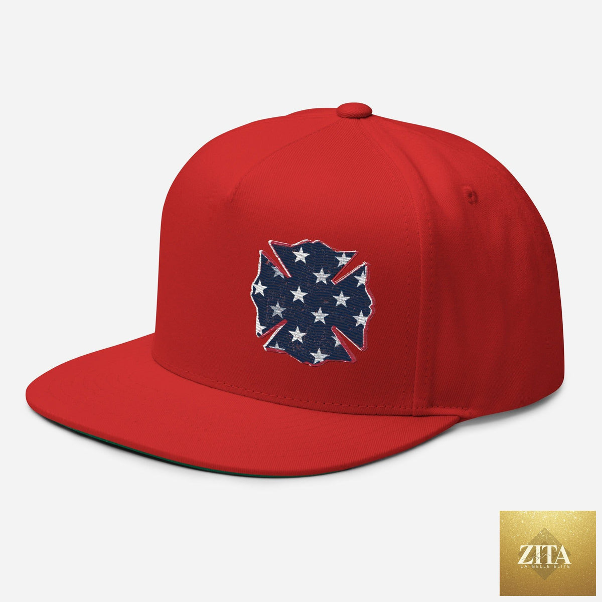 Red Freedom Maltese flat bill hat by Zita La Belle Elite, featuring a classic cap design with a flat brim and front panel detail.