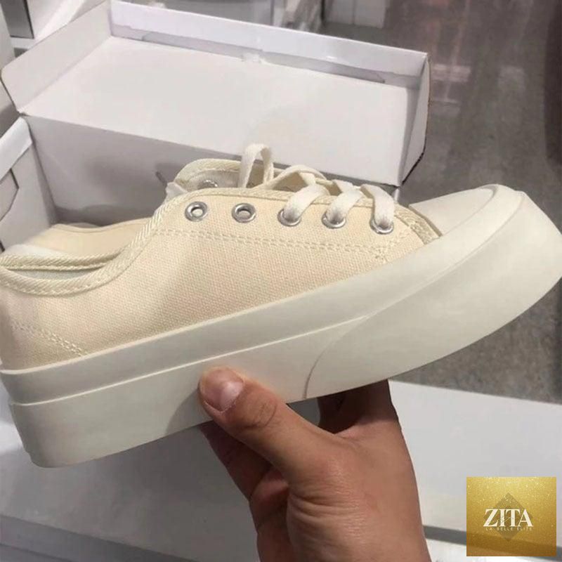Stevvex women's flat white sneakers with platform, canvas design, round toe, low-top athletic shoes, casual tennis footwear.
