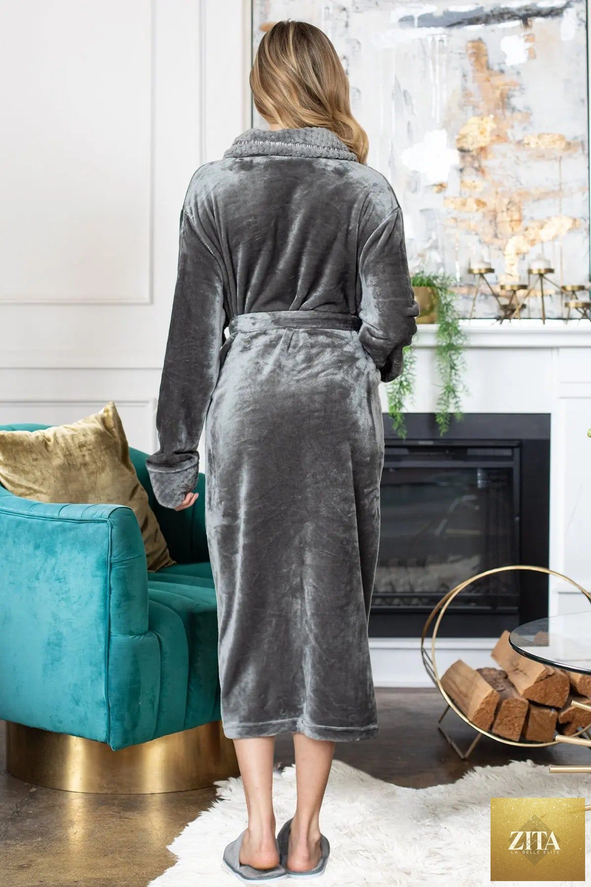Women's ultra soft plush bathrobe from Lotus Linen, featuring cozy fleece fabric and a comfortable fit.