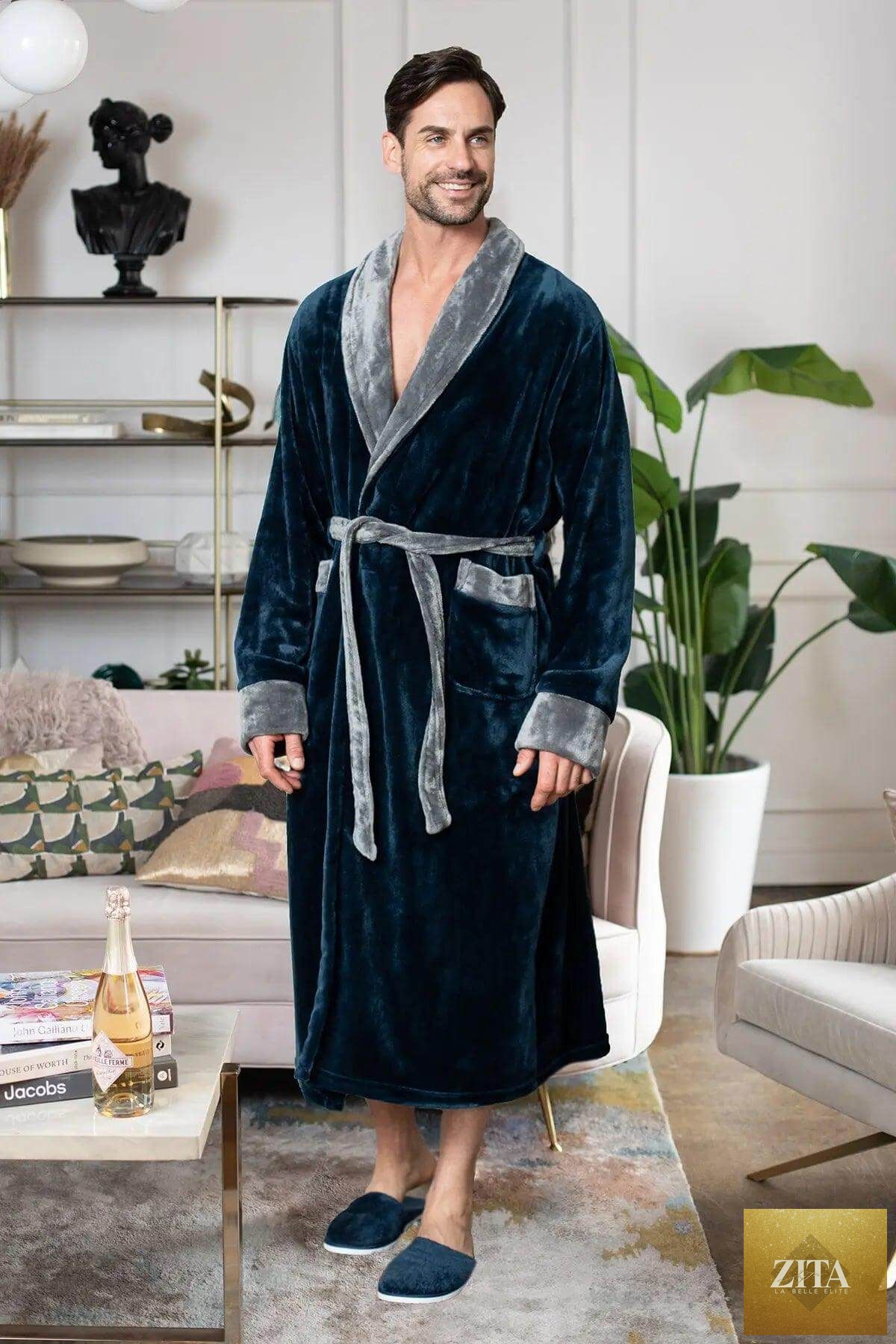 Luxurious Lotus Linen men's plush robe with soft fleece fabric, perfect for cozy comfort and durable wear.