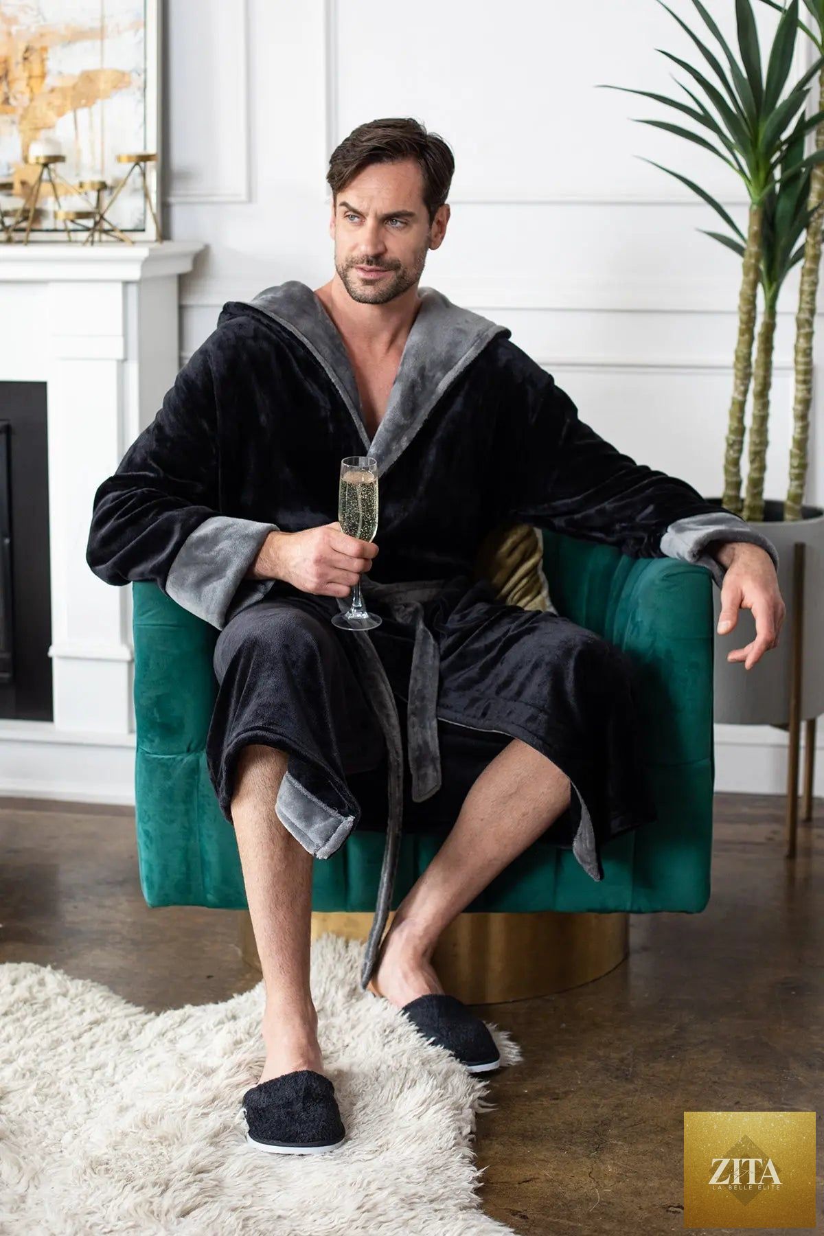 Men’s plush hooded robe by Lotus Linen, featuring ultra-soft fleece fabric for cozy comfort and everyday wear.