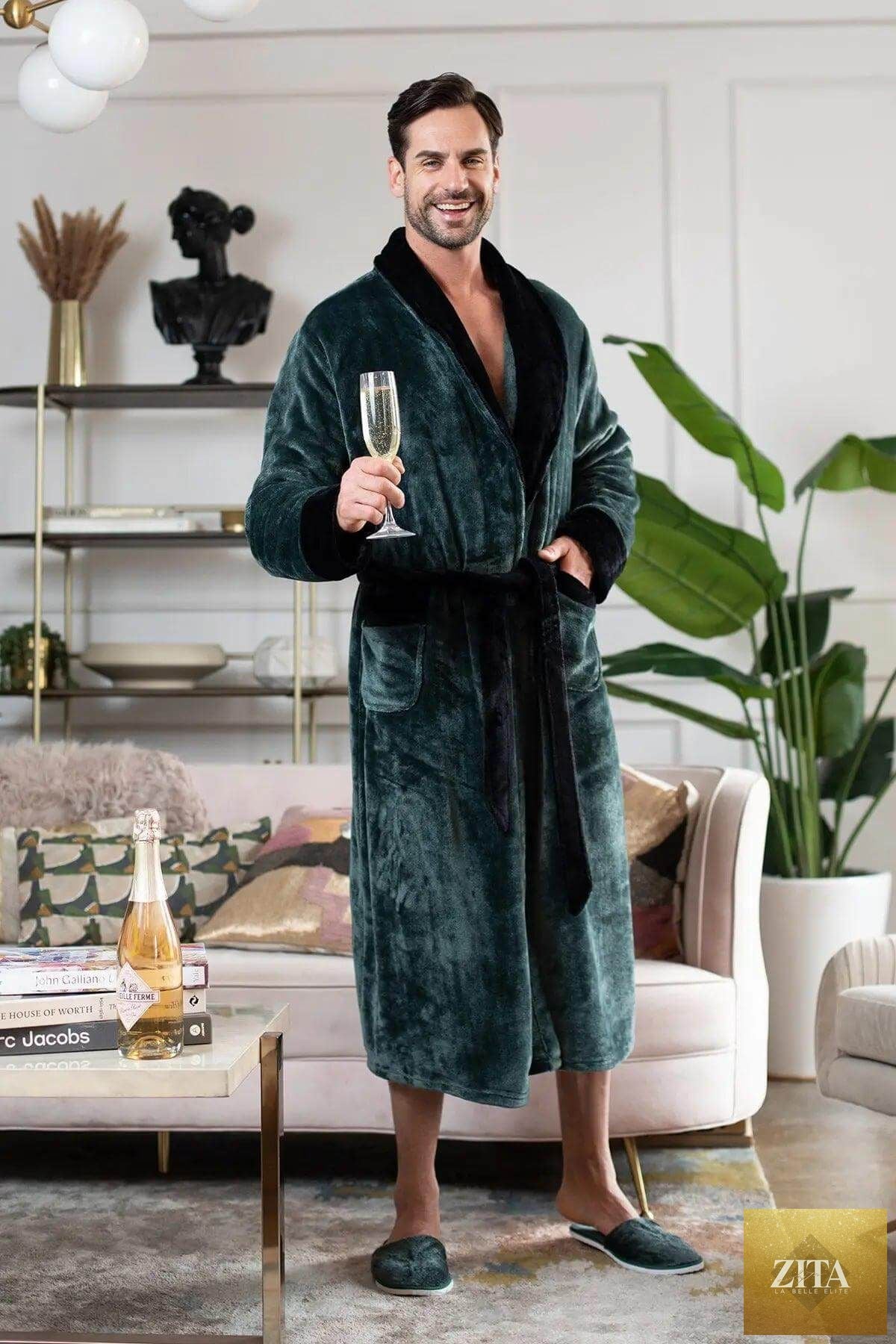 Soft plush men's robe by Lotus Linen featuring a cozy fleece fabric and a relaxed fit, perfect for lounging and comfort.
