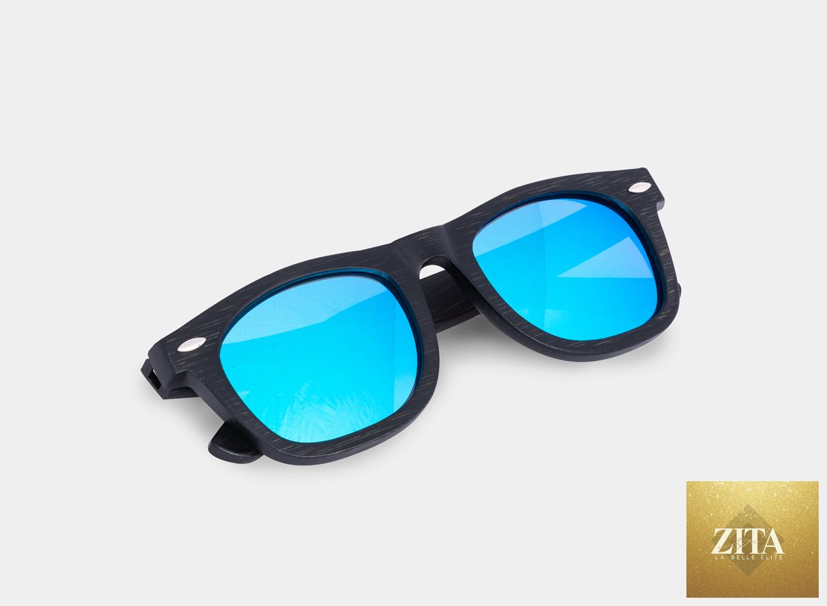 Black and blue bamboo floating sunglasses from Eastern Outer, showcasing stylish eco-friendly eyewear with a floating design.