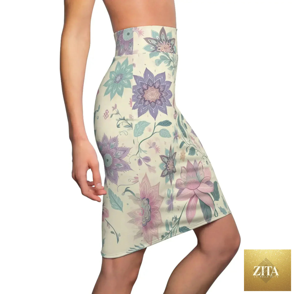 Elegant spring floral pencil skirt by DipaliZ, featuring vibrant floral print and tailored fit for women.