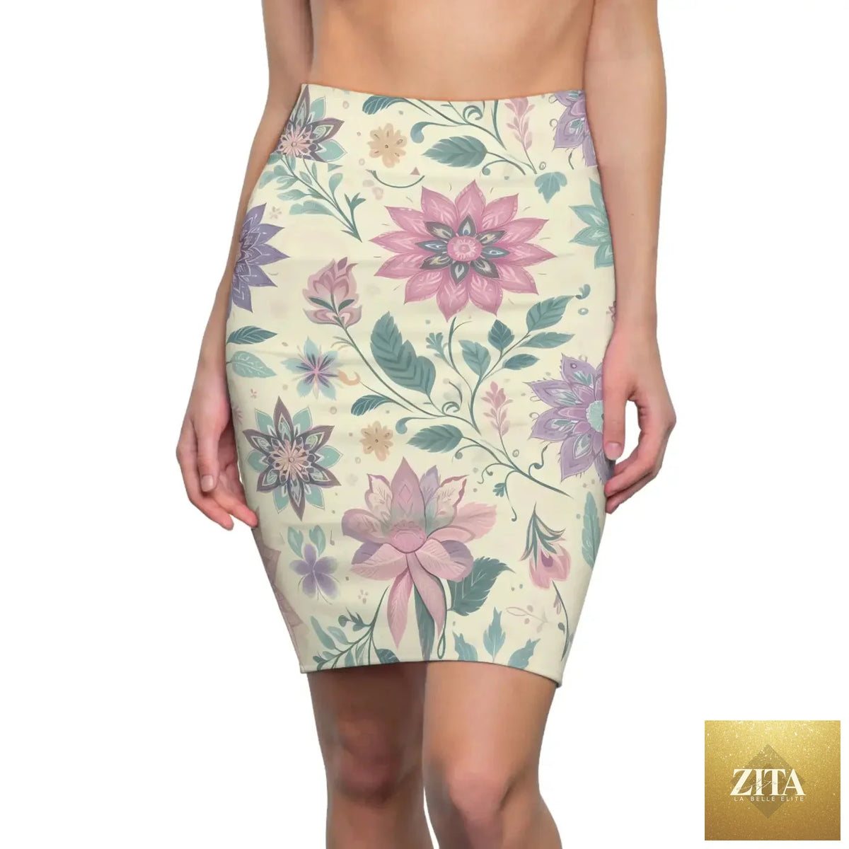 Elegant spring floral pencil skirt by DipaliZ featuring vibrant floral print, fitted design, perfect for stylish women.