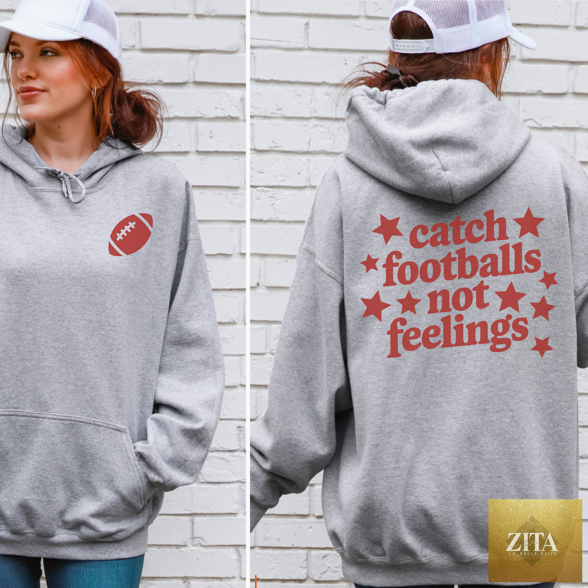 Hey Jude Graphic Tees Catch Footballs hooded sweatshirt with a football graphic and adjustable hood, in a casual, cozy style.