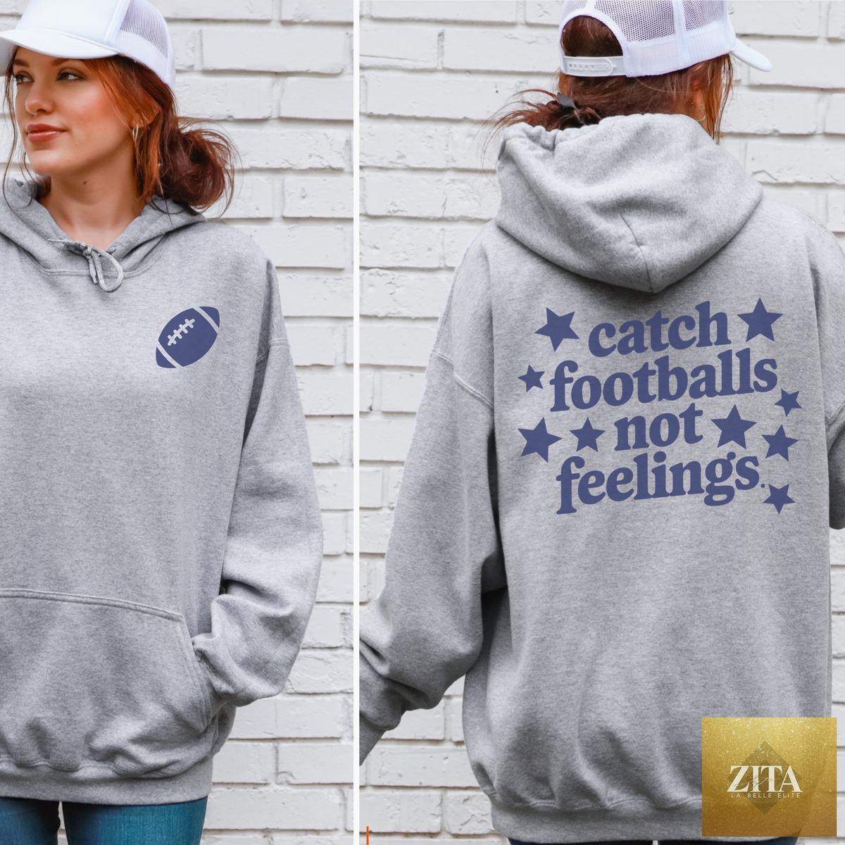 Hey Jude Graphic Tees Catch Footballs Hooded Sweatshirt with football graphic and hood, made of comfortable fabric.