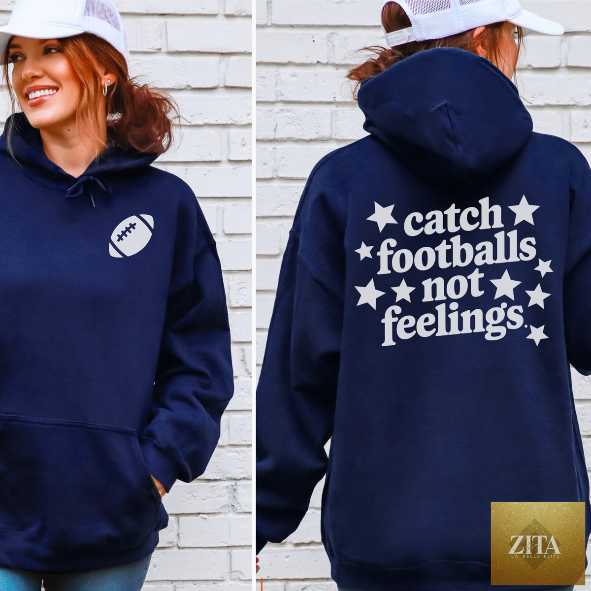 Hey Jude Graphic Tees Catch Footballs Hoodie featuring a football graphic on a cozy hooded sweatshirt.