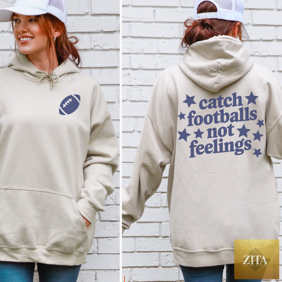 Hey Jude Graphic Tees Catch Footballs Hooded Sweatshirt featuring a football graphic and casual hooded design.