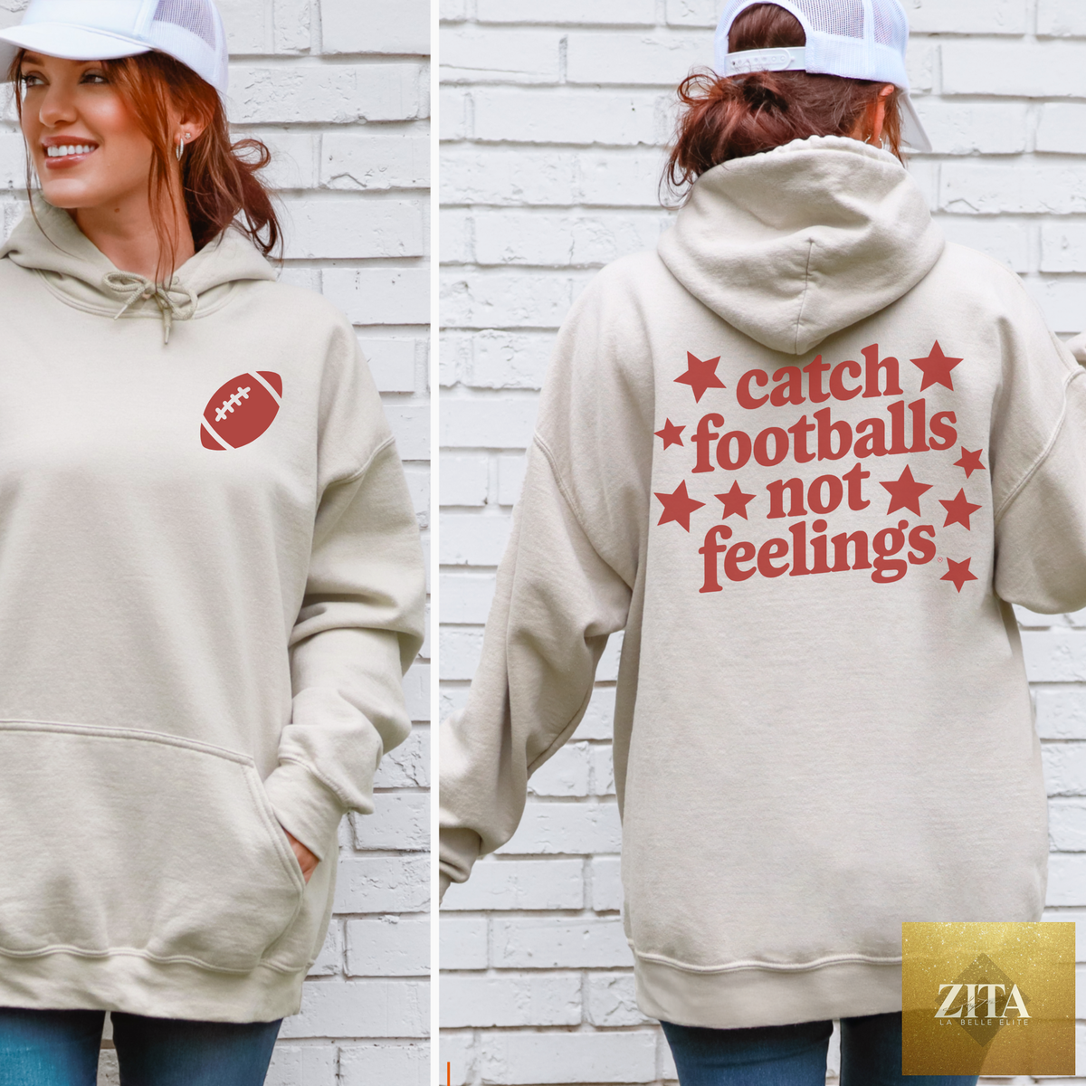 Hey Jude Graphic Tees Catch Footballs Hooded Sweatshirt featuring a football graphic and cozy hood, casual athletic style.