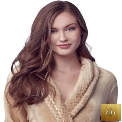 Soft beige women's plush bathrobe by Lotus Linen, front view showing cozy, ultra-soft fabric and relaxed fit.