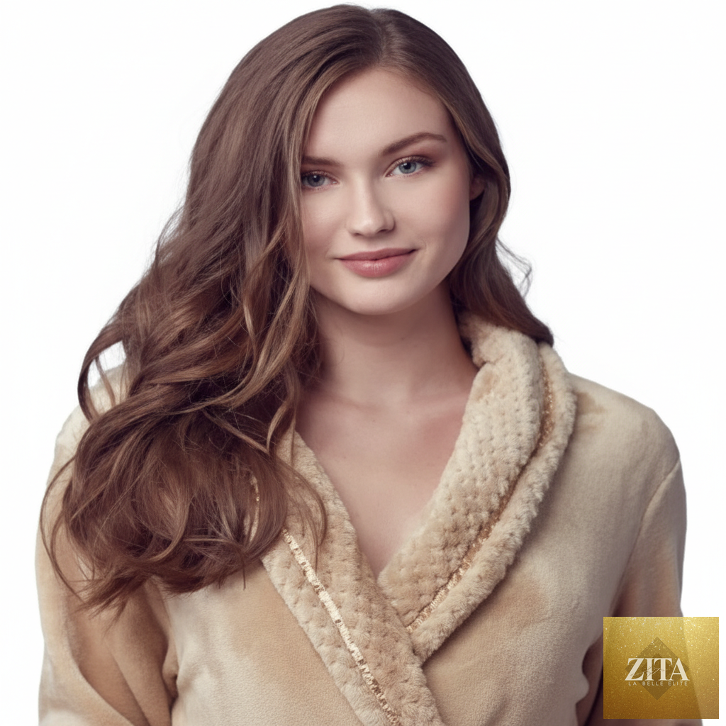Beige women's plush bathrobe by Lotus Linen, showcasing the front view with a soft, cozy texture and relaxed fit.