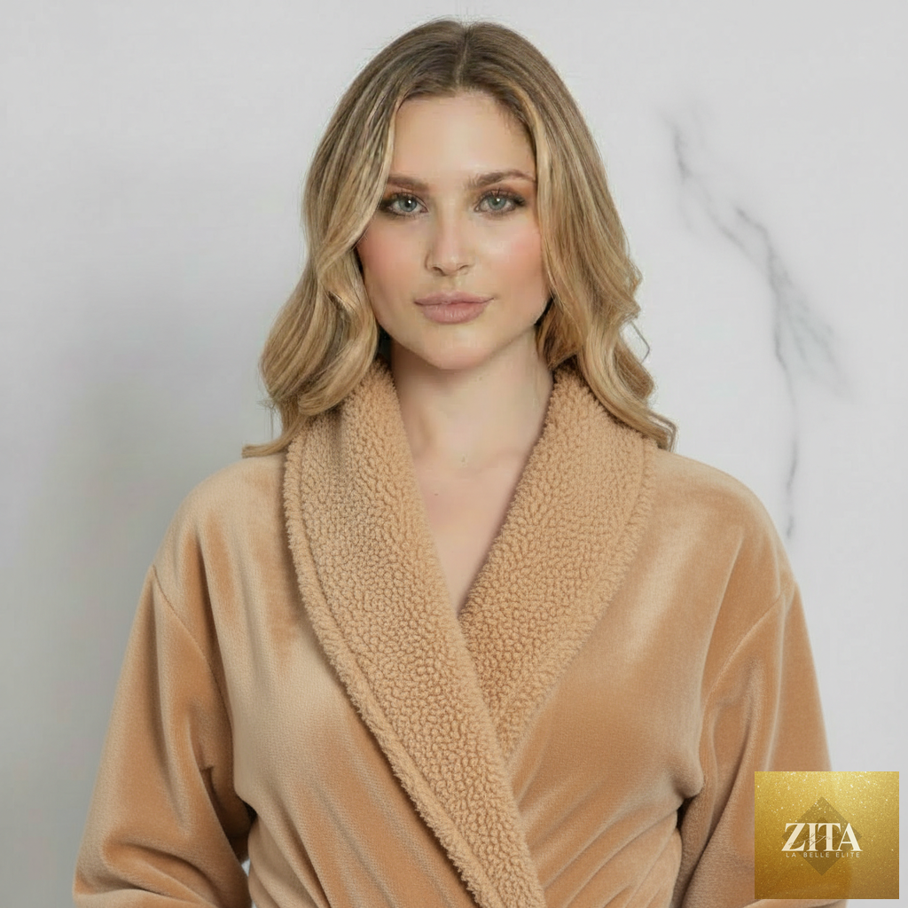 Beige women's plush bathrobe by Lotus Linen, front view showing soft, cozy fabric and relaxed fit.