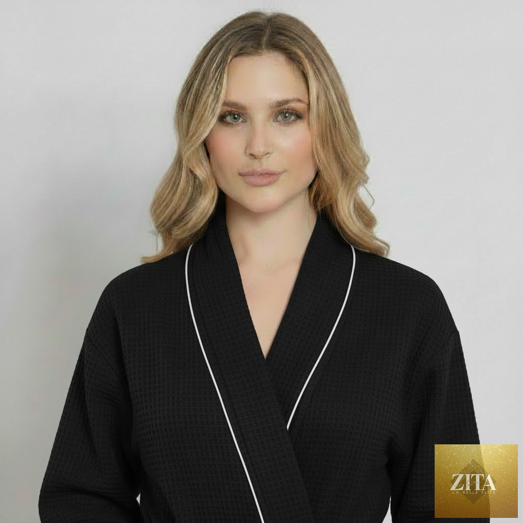Front view of Lotus Linen women’s lightweight waffle piping bathrobe in small black, spa-style comfort with piping details.