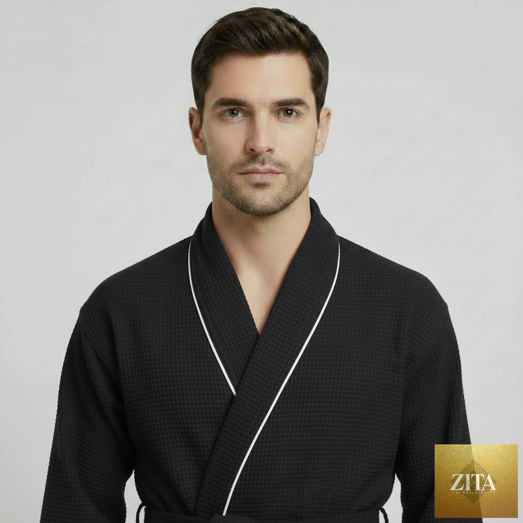 Front view of Lotus Linen men's premium waffle piping robe in small size, black with contrasting piping details.