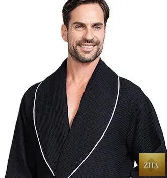 Front view of Lotus Linen men's premium waffle piping robe in small black with contrasting piping details.