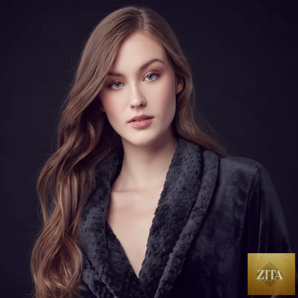 Black women's plush bathrobe by Lotus Linen, showing front view with soft, cozy fabric and relaxed fit.