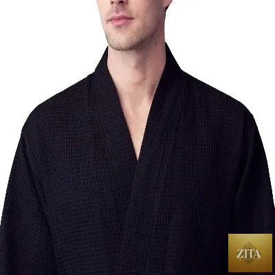 Front view of Lotus Linen men's waffle spa bathrobe in small black, lightweight and absorbent for comfortable lounging.
