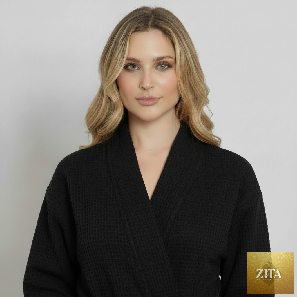 Black lightweight women's waffle robe by Lotus Linen, quick-dry spa robe with front view, cozy and comfortable sleepwear.