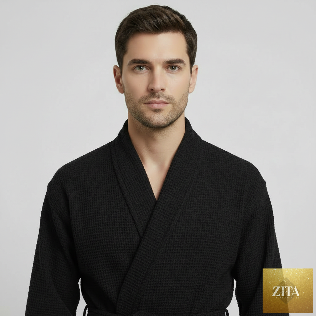 Black Lotus Linen waffle spa bathrobe for men, lightweight and absorbent, shown from the front.