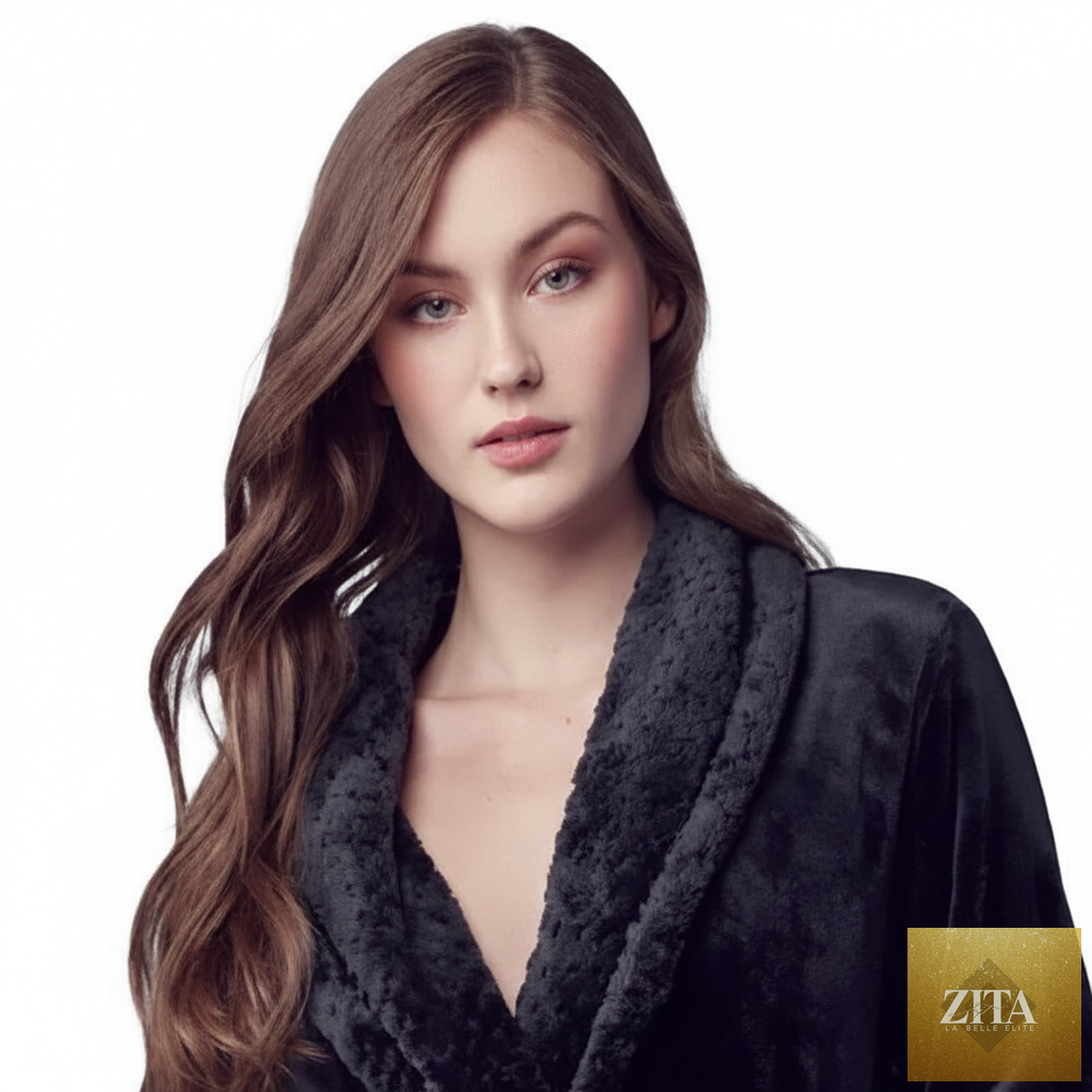 Front view of Lotus Linen women's ultra soft plush bathrobe in small black, showcasing cozy, plush fabric and relaxed fit.