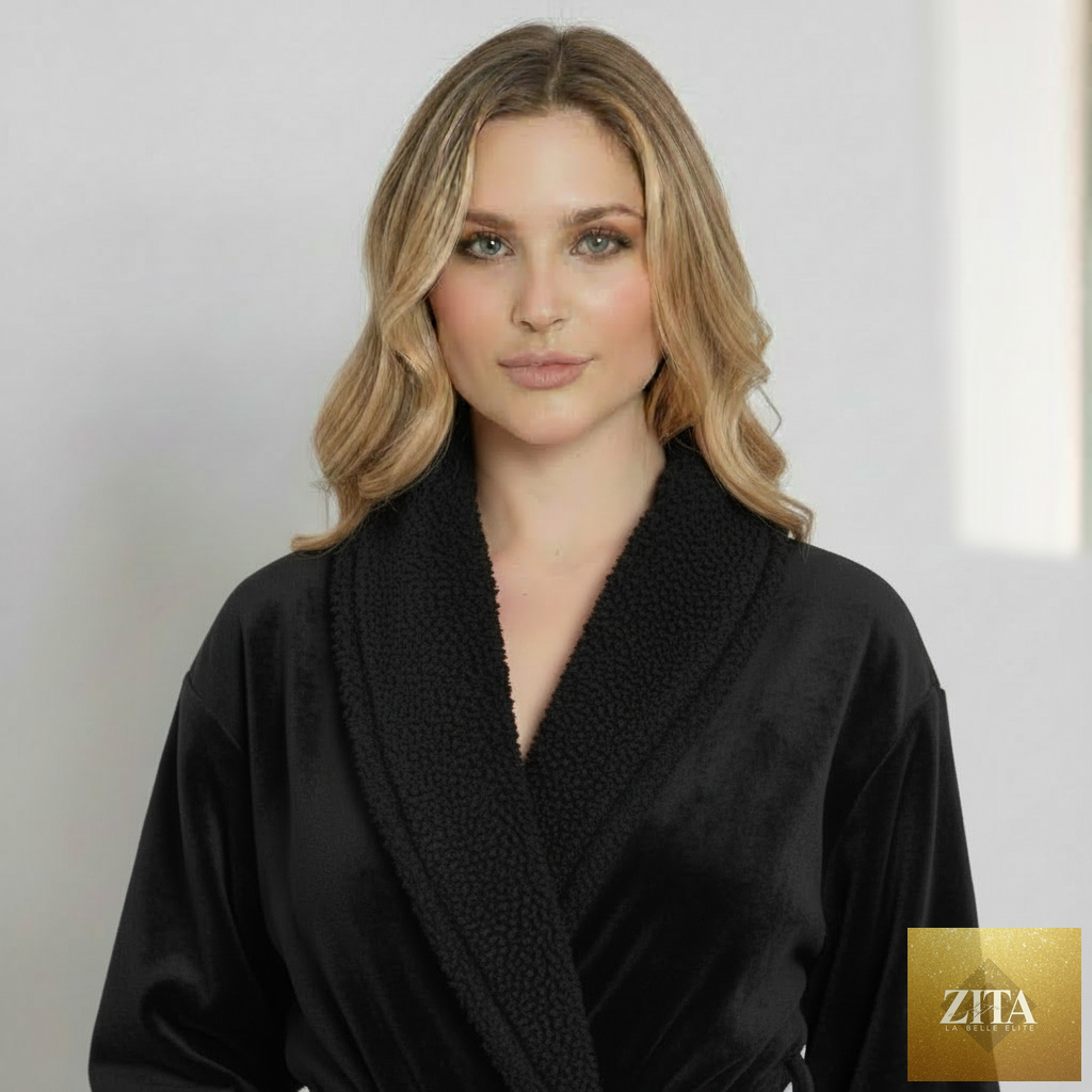 Black women's ultra-soft plush bathrobe by Lotus Linen, front view showing cozy, plush fabric and comfortable fit.