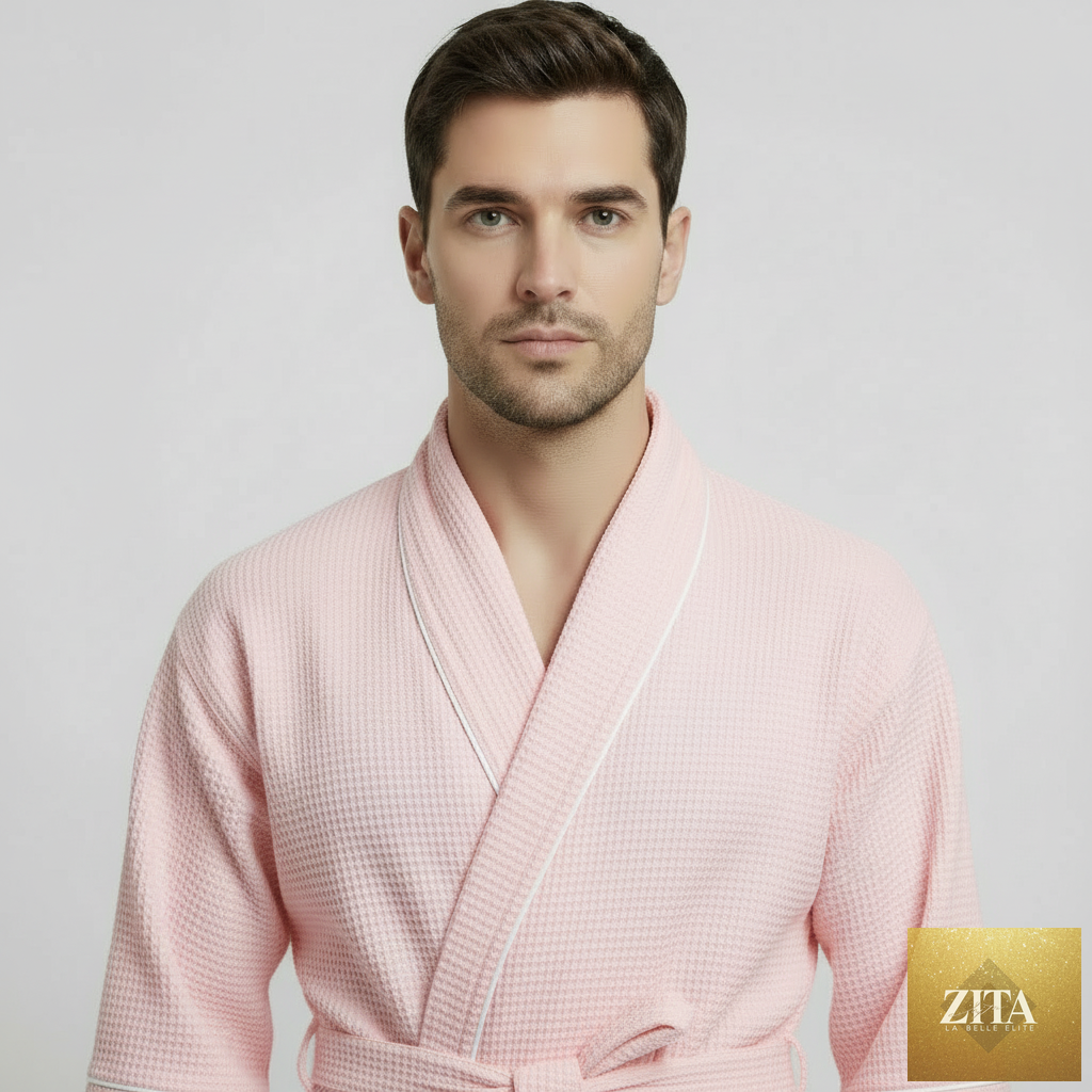 Front view of Lotus Linen men's premium waffle piping robe in small blush color with contrasting piping detail.