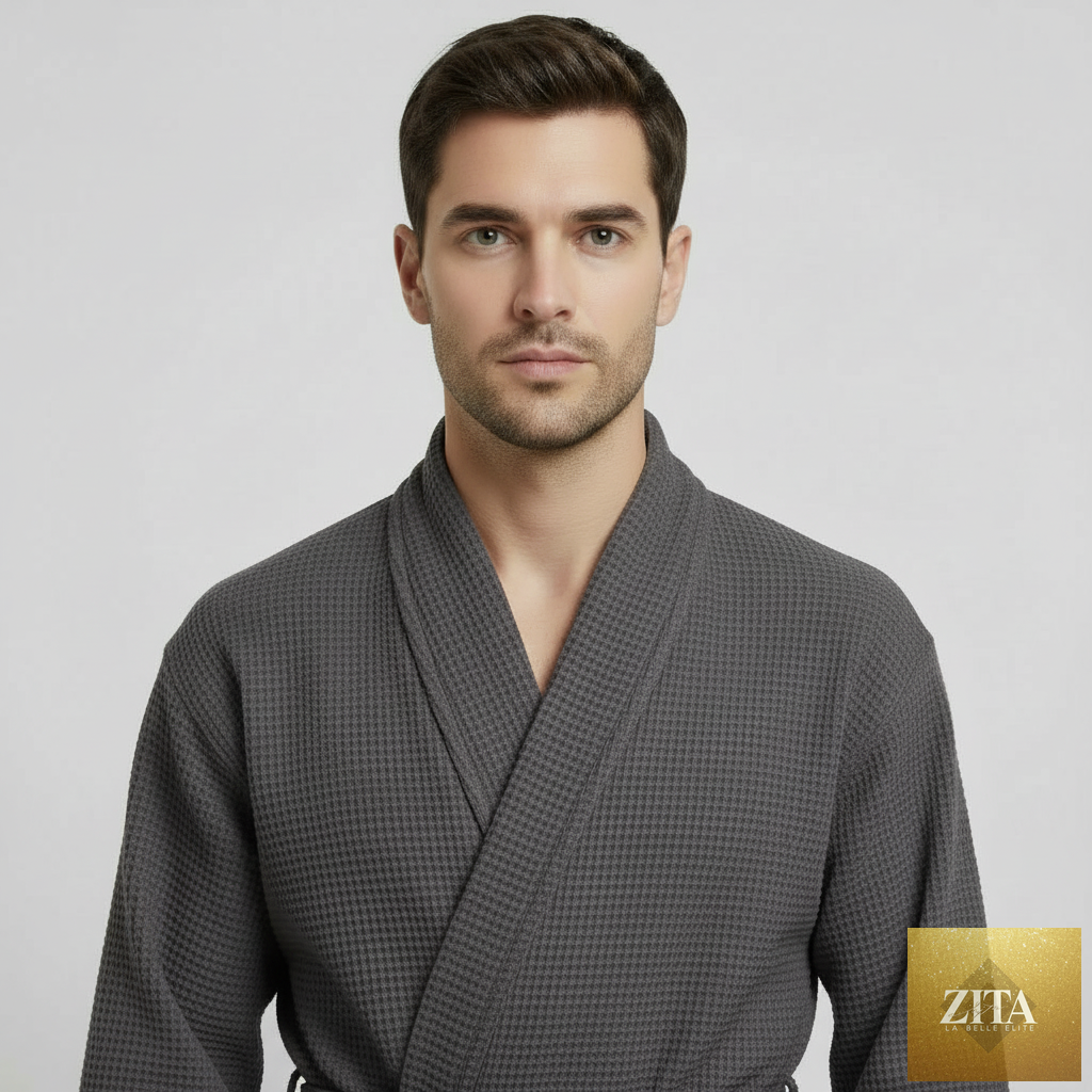 Lotus Linen men's waffle spa bathrobe in charcoal, lightweight and absorbent, shown from the front.