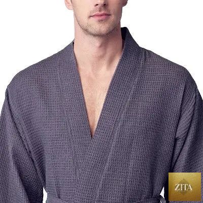 Lotus Linen men's waffle spa bathrobe in small charcoal, lightweight and absorbent, displayed from the front view.