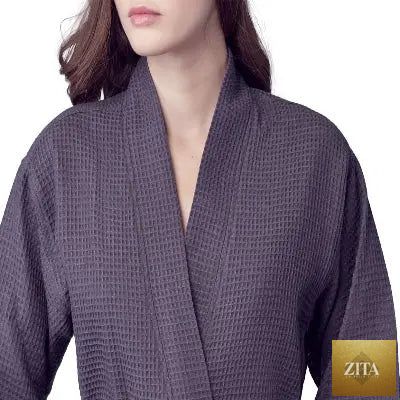 Front view of Lotus Linen women's knee-length dark grey waffle kimono robe with a cozy, textured fabric.
