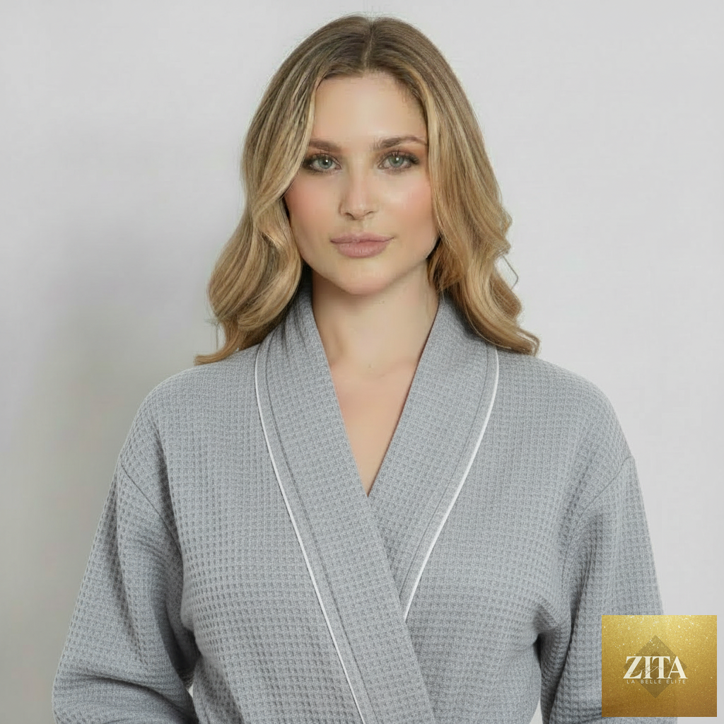 Women’s gray waffle piping bathrobe from Lotus Linen, lightweight spa-style robe with front design and piping details.