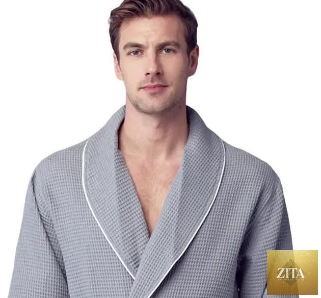 Gray Lotus Linen men's waffle piping robe with front design and small piping details, showcasing a comfortable and stylish bathrobe.
