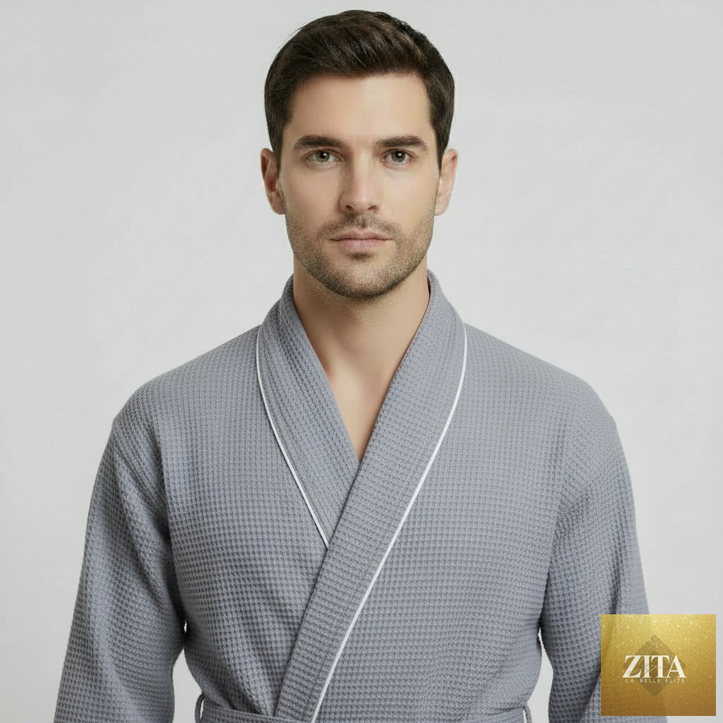 Front view of Lotus Linen men's premium waffle piping robe in small gray with piping detail.