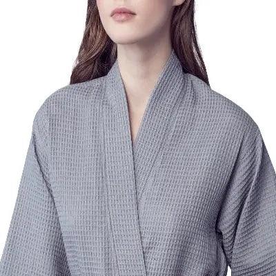 Gray lightweight women's waffle robe from Lotus Linen, quick-dry spa-style bathrobe with front view and small size.