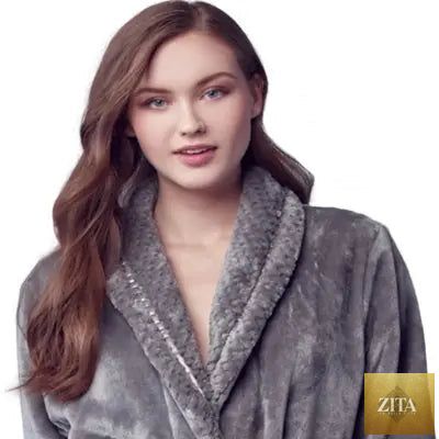 Gray women's plush bathrobe from Lotus Linen featuring a soft fleece front for cozy comfort.