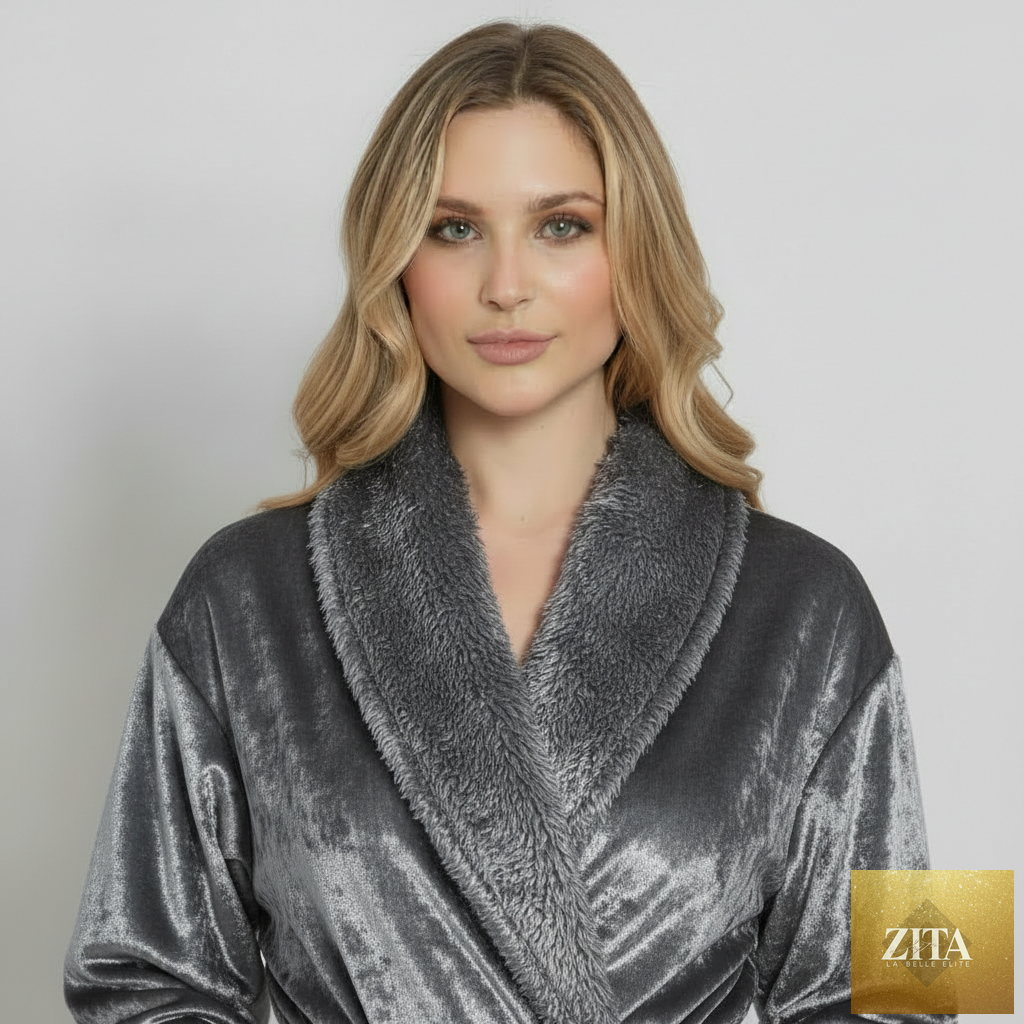 Women's ultra-soft plush bathrobe by Lotus Linen in small grey fleece, showing the front view with a cozy, relaxed fit.