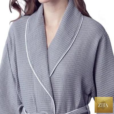 Light grey women's waffle piping bathrobe from Lotus Linen, featuring lightweight spa-style design and front small piping details.