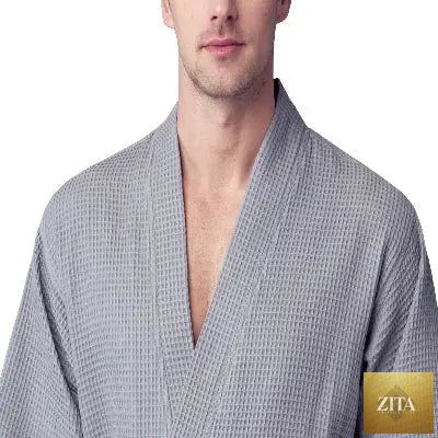 Front view of Lotus Linen men's waffle spa bathrobe in small grey, lightweight and absorbent for comfortable lounging.