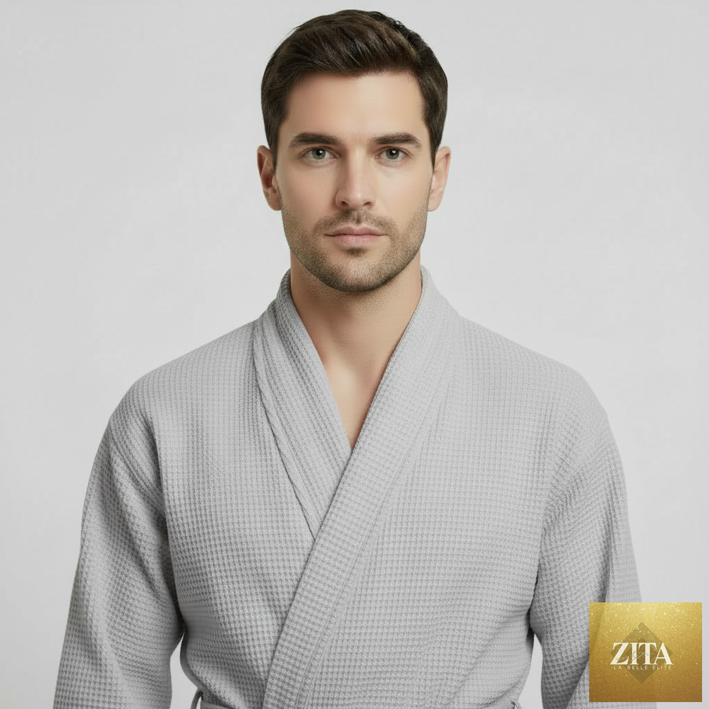 Front view of Lotus Linen men's grey waffle spa bathrobe, lightweight and absorbent for comfortable post-shower wear.