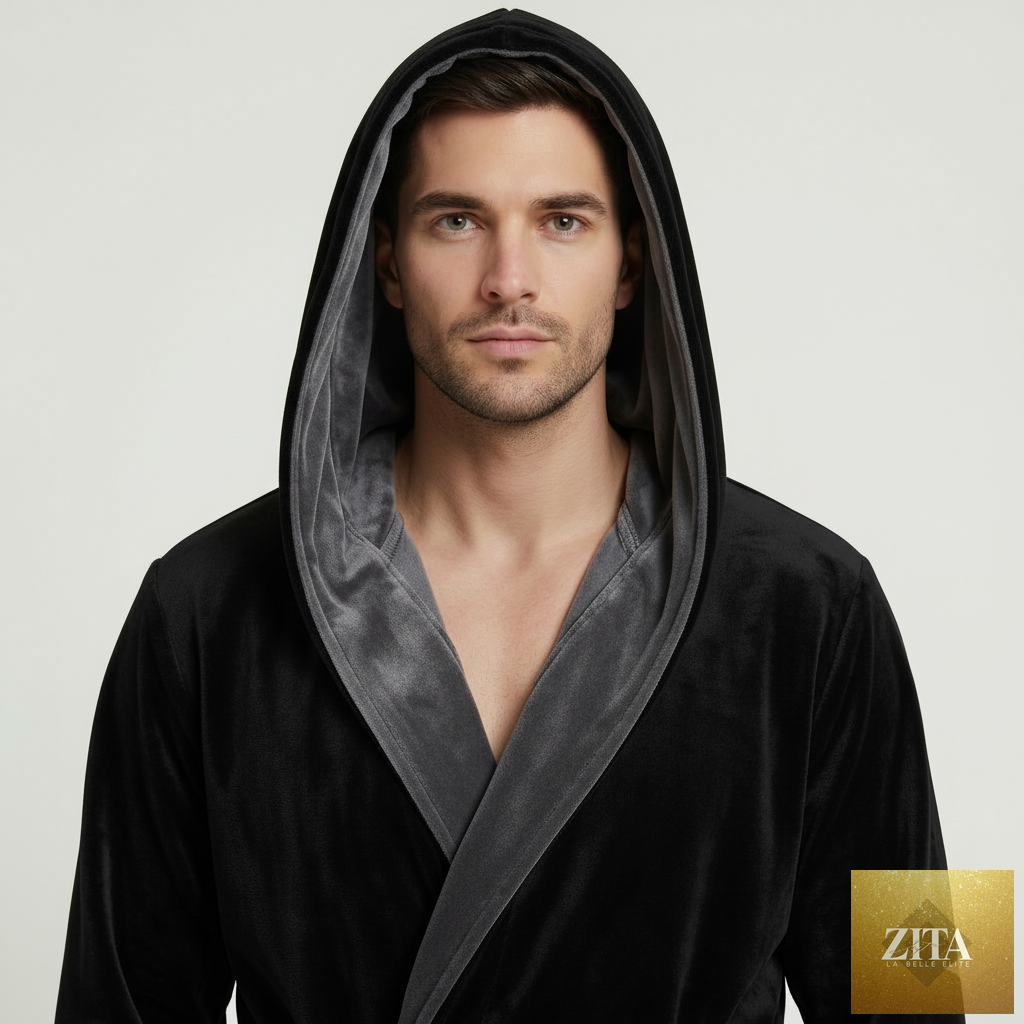 Front view of Lotus Linen men's hooded robe in black and gray, made from ultra-soft plush fabric for cozy everyday wear.