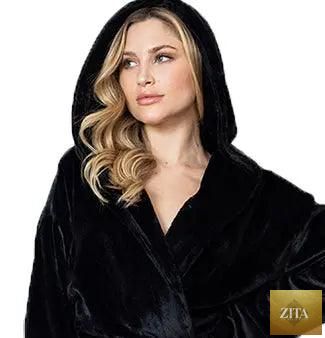 Black women's plush hooded robe by Lotus Linen, featuring a cozy front view with a small hood for spa-like comfort at home.